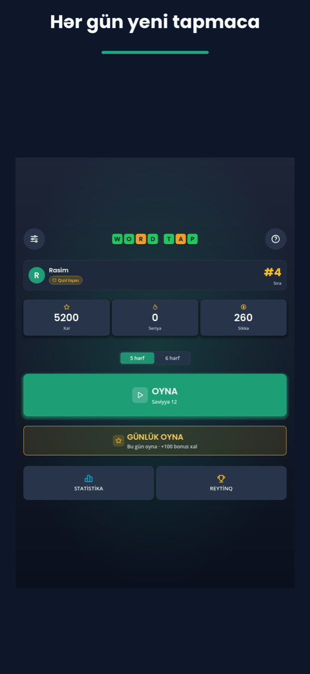 WordTap əsas menyusu: gündəlik tapmaca və məşq seçimləri