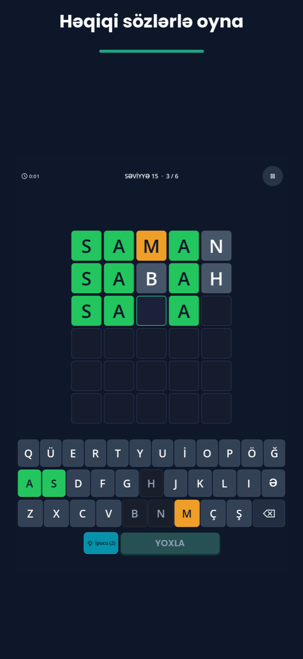 WordTap running in Azerbaijani, with an Azerbaijani word grid and a keyboard including the letters ə, ö, ğ and ü
