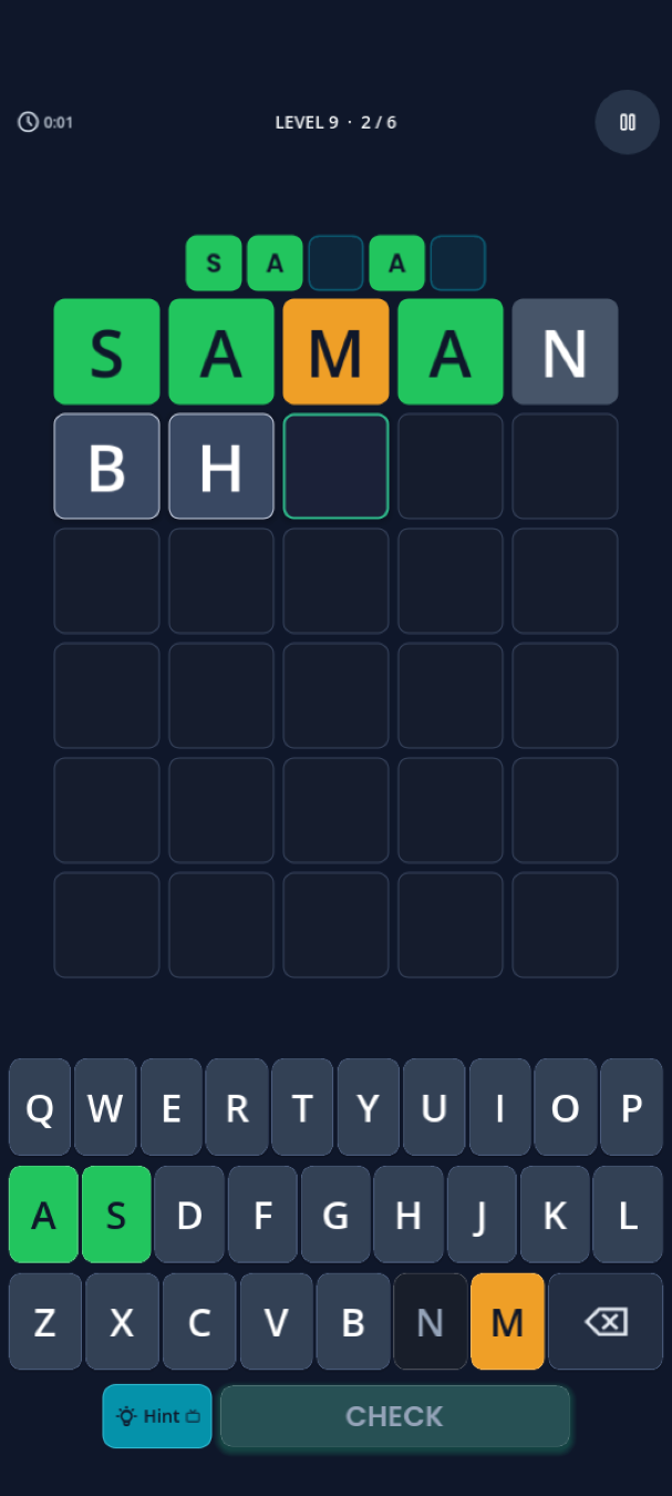 WordTap gameplay screen showing a five-letter word grid with green, yellow and grey letter tiles and an on-screen keyboard