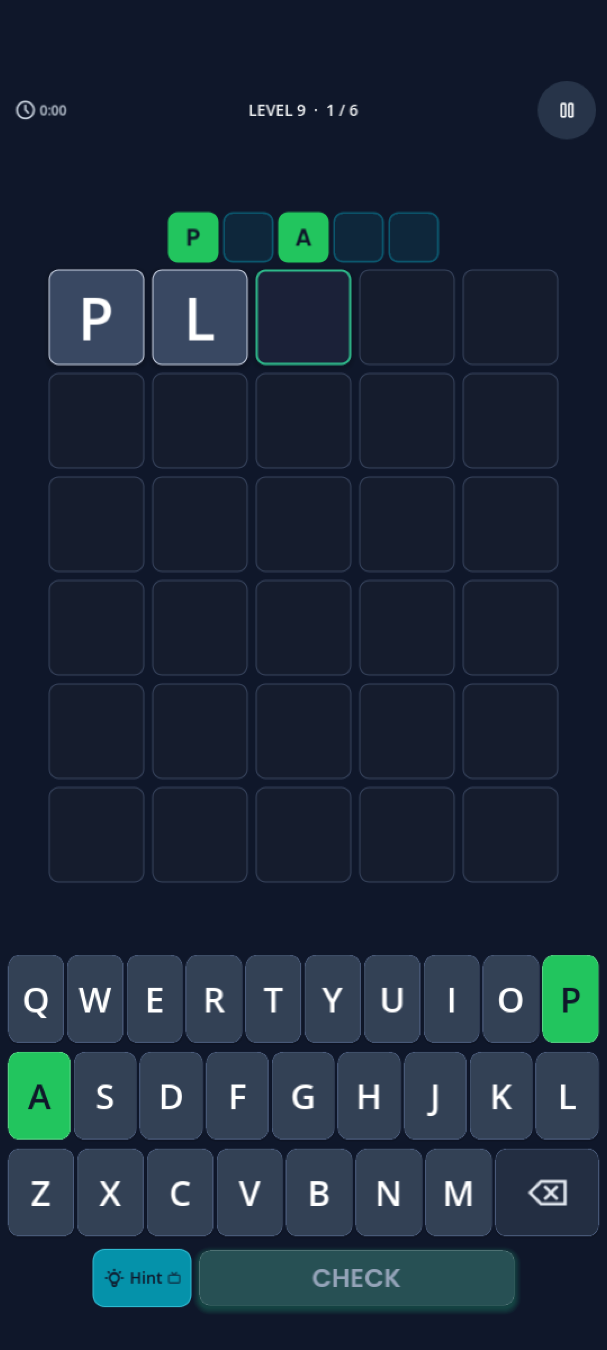 WordTap board with a revealed hint shown in the clue tray above the grid