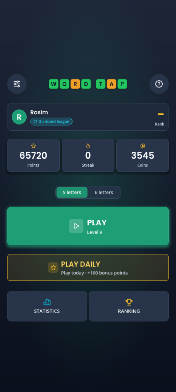 WordTap main menu showing points, streak and coins above Play, Play Daily, Statistics and Ranking buttons